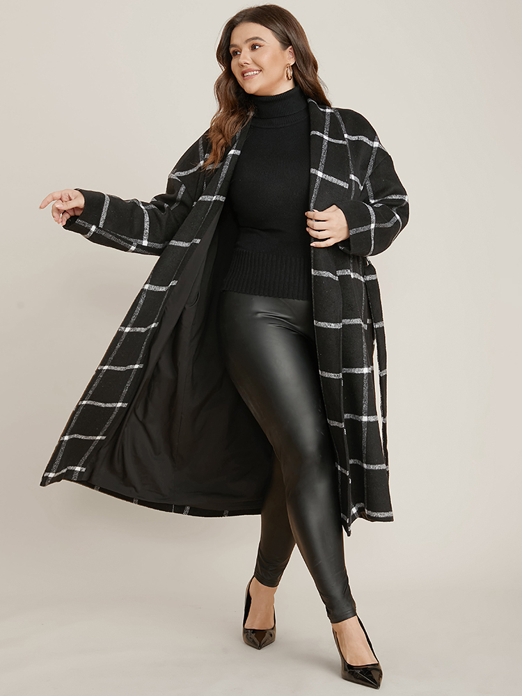 

Plus Size Plaid Lapel Collar Pocket Belted Open Front Coat Women Black Elegant Ladies Dailywear Winter Coats BloomChic