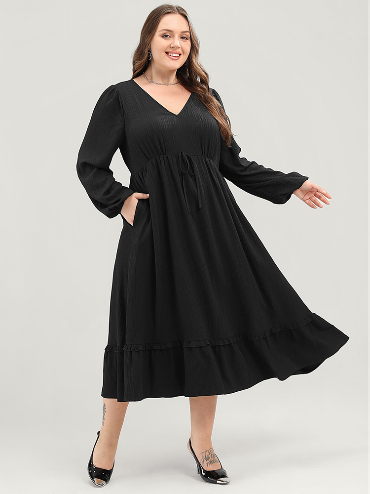 

Plus Size Solid Lantern Sleeve Pocket Textured Ties Up Flutter Dress Black Women Office V-neck Long Sleeve Curvy Midi Dress BloomChic