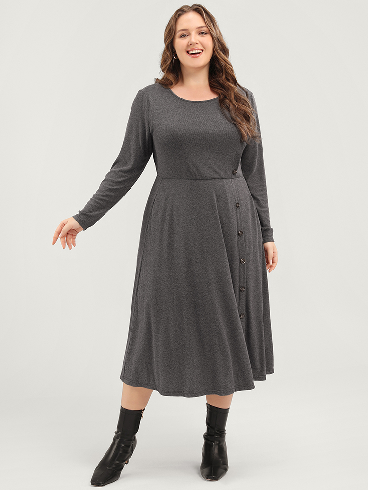 

Plus Size Solid Round Neck Pocket Button Detail Ruffle Hem Dress Gray Women Elegant Button Round Neck Long Sleeve Curvy Midi Dress BloomChic