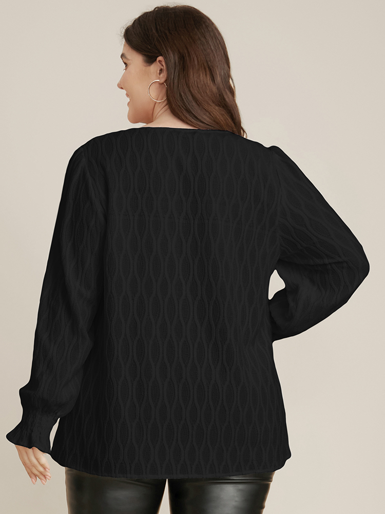 

Plus Size Black Solid Textured Shirred Lantern Sleeve Blouse Women Elegant Long Sleeve V-neck Dailywear Blouses BloomChic