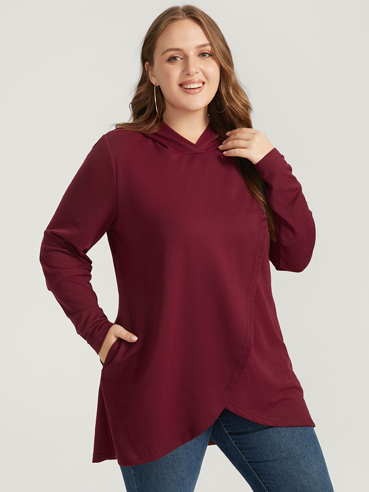 

Plus Size Solid Pocket High Low Hem Hooded Sweatshirt Women Burgundy Casual Pocket Hooded Dailywear Sweatshirts BloomChic