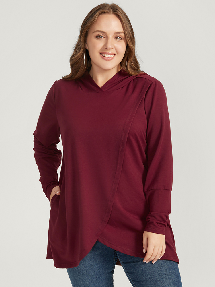 

Plus Size Solid Pocket High Low Hem Hooded Sweatshirt Women Burgundy Casual Pocket Hooded Dailywear Sweatshirts BloomChic