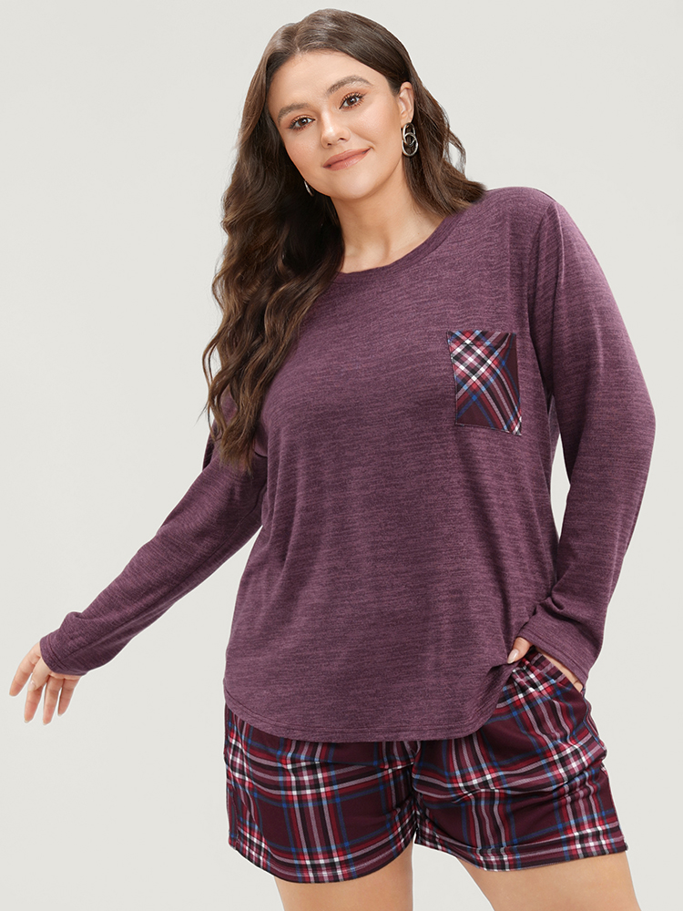 

Plus Size Solid Pocket Round Neck Sleep Top Mauve Plain Long Sleeve Round Neck Dailywear Casual  Bloomchic