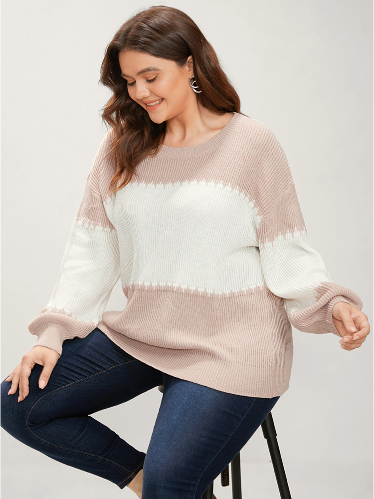 Plus Size Colorblock Contrast Pointelle Knit Lantern Sleeve Round Neck Knit Top DustyPink Women Casual Loose Long Sleeve Round Neck Dailywear Pullovers BloomChic 14-16/1X 
