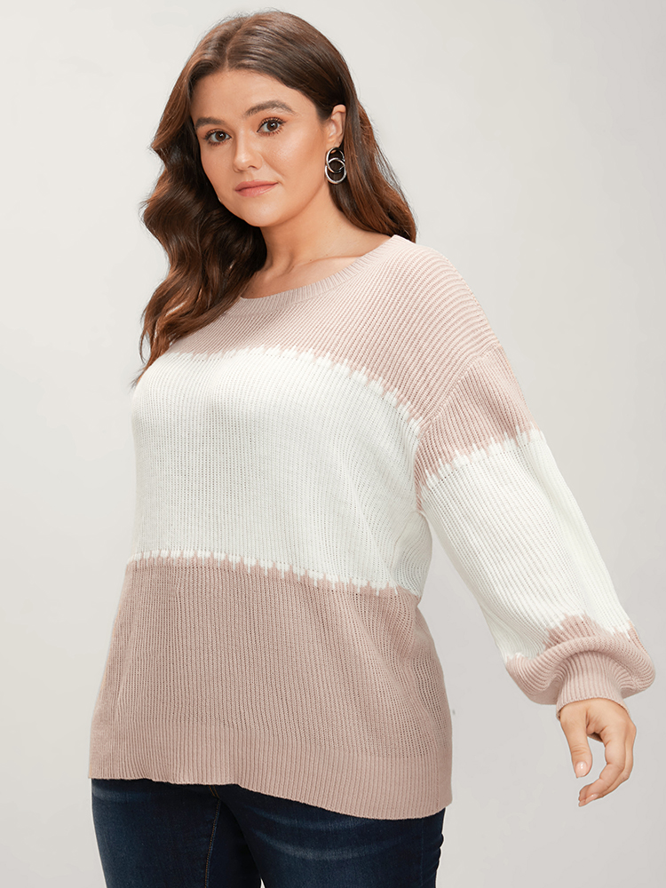 Plus Size Colorblock Contrast Pointelle Knit Lantern Sleeve Round Neck Knit Top DustyPink Women Casual Loose Long Sleeve Round Neck Dailywear Pullovers BloomChic 14-16/1X 