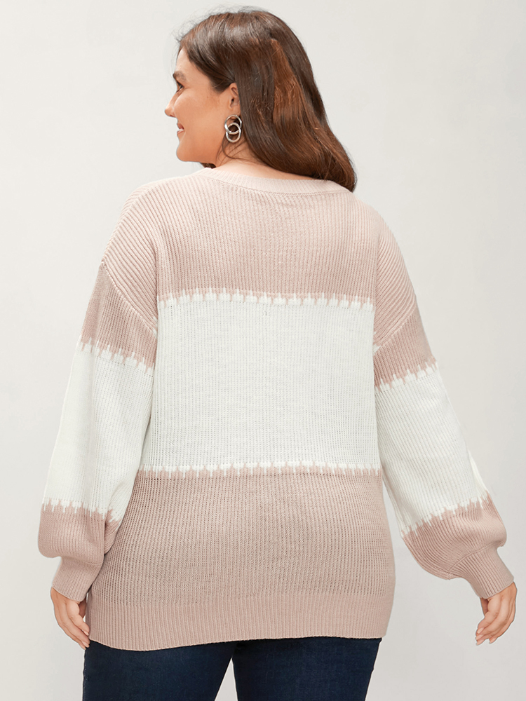 

Plus Size Colorblock Contrast Pointelle Knit Lantern Sleeve Round Neck Knit Top DustyPink Women Casual Loose Long Sleeve Round Neck Dailywear Pullovers BloomChic