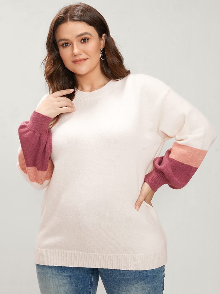 Plus Size Colorblock Contrast Soft Pointelle Knit Lantern Sleeve Knit Top Ivory Women Casual Loose Long Sleeve Round Neck Dailywear Pullovers BloomChic 14-16/1X 