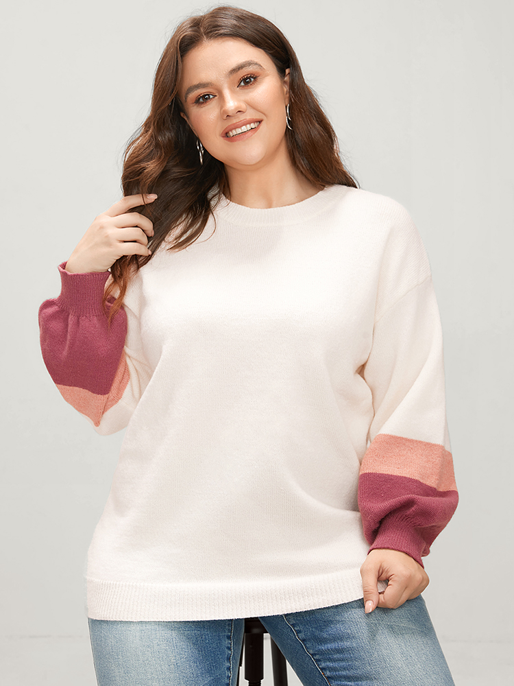 Plus Size Colorblock Contrast Soft Pointelle Knit Lantern Sleeve Knit Top Ivory Women Casual Loose Long Sleeve Round Neck Dailywear Pullovers BloomChic 14-16/1X 