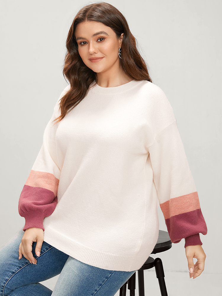 

Plus Size Colorblock Contrast Soft Pointelle Knit Lantern Sleeve Knit Top Ivory Women Casual Loose Long Sleeve Round Neck Dailywear Pullovers BloomChic