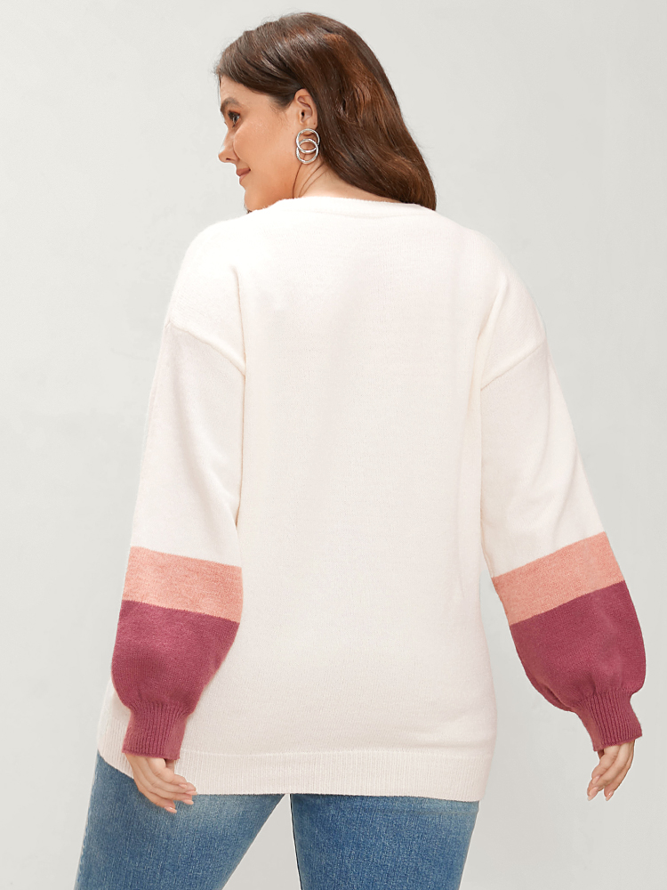 Plus Size Colorblock Contrast Soft Pointelle Knit Lantern Sleeve Knit Top Ivory Women Casual Loose Long Sleeve Round Neck Dailywear Pullovers BloomChic 14-16/1X 