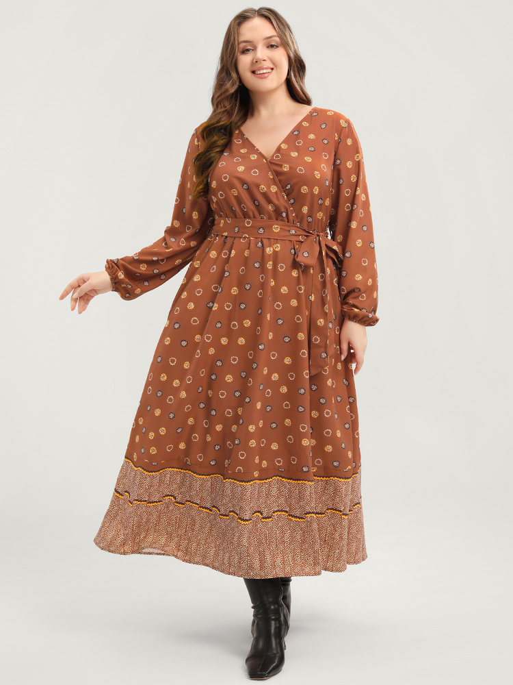 

Plus Size Polka Dot Lantern Sleeve Pocket Belted Surplice Neck Maxi Dress Bronze Women V-neck Long Sleeve Curvy Long Dress BloomChic