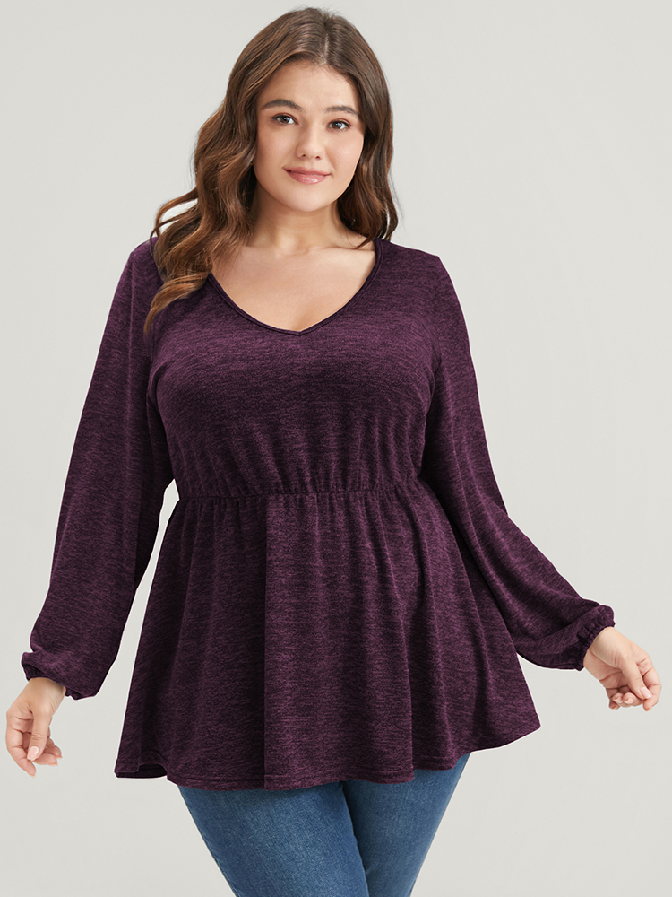 Plus Size Women Dailywear Plain Lantern Sleeve Long Sleeve V-neck Elegant T-shirts BloomChic 