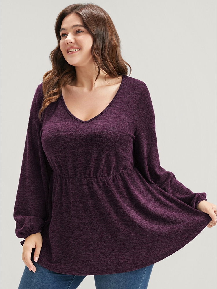 Plus Size Women Dailywear Plain Lantern Sleeve Long Sleeve V-neck Elegant T-shirts BloomChic 