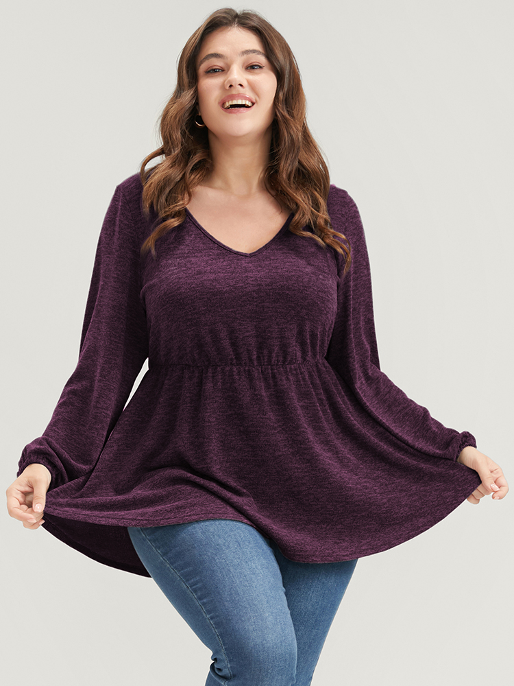 Plus Size Women Dailywear Plain Lantern Sleeve Long Sleeve V-neck Elegant T-shirts BloomChic 