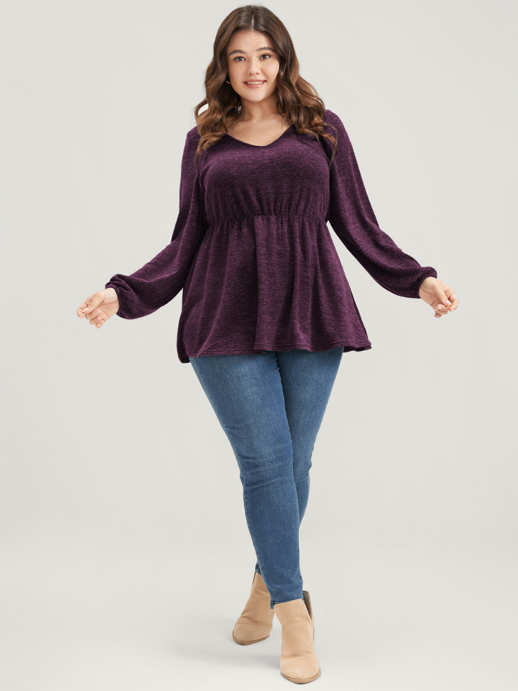 Plus Size Women Dailywear Plain Lantern Sleeve Long Sleeve V-neck Elegant T-shirts BloomChic 