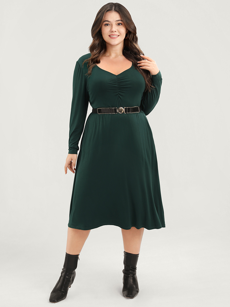 

Plus Size Solid Pocket Gathered V Neck Midi Dress Without Belt ArmyGreen Women Elegant Gathered V-neck Long Sleeve Curvy Midi Dress BloomChic