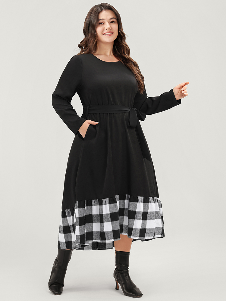 

Plus Size Plaid Patchwork Pocket Belted Asymmetrical Hem Dress Black Women Elegant Belted Round Neck Long Sleeve Curvy Midi Dress BloomChic