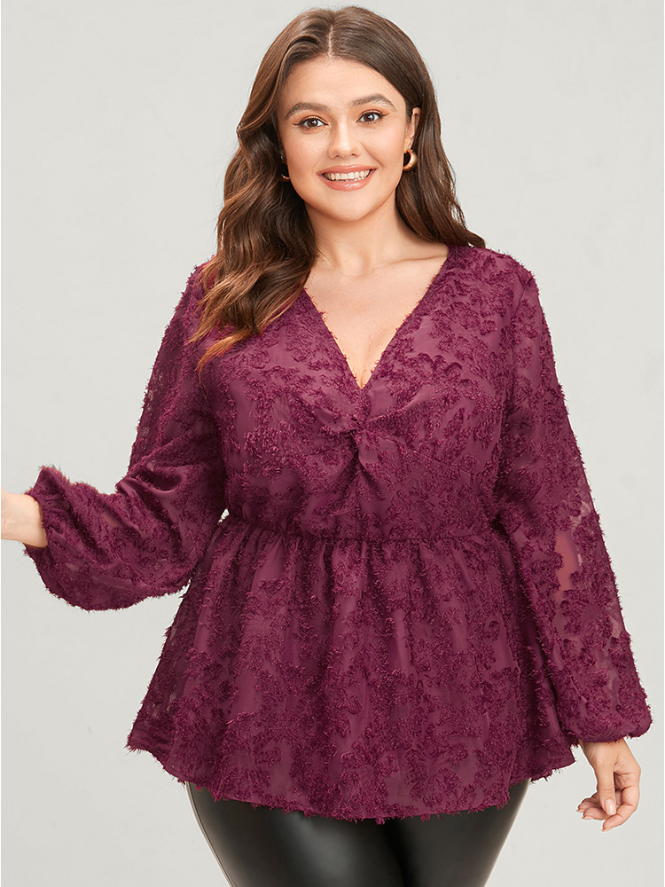 

Plus Size Burgundy Floral Textured Mesh Lantern Sleeve Twist Front Blouse Women Glamour Long Sleeve V-neck Going out Blouses BloomChic