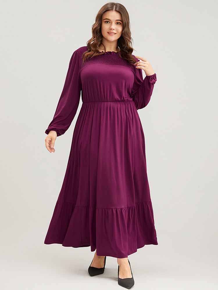 

Plus Size Solid Frill Trim Shirred Lantern Sleeve Pocket Flutter Maxi Dress Purple Women Elegant Pocket Round Neck Long Sleeve Curvy Long Dress BloomChic