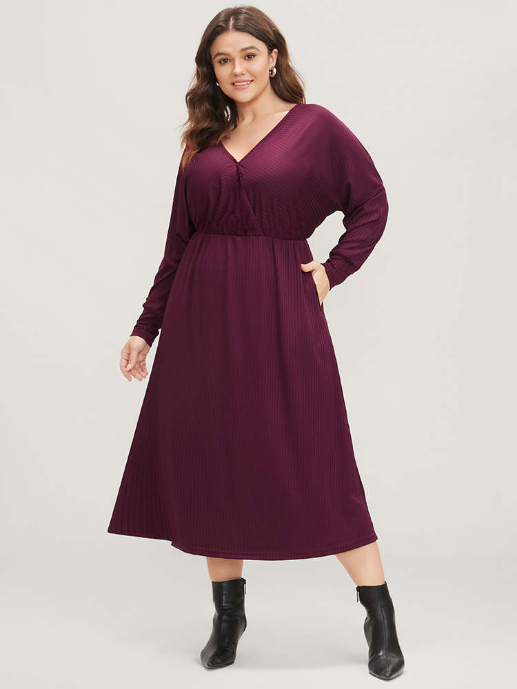 

Plus Size Solid Dolman Sleeve Pocket Rib Knit Wrap Dress Burgundy Women Elegant Wrap V-neck Long Sleeve Curvy Midi Dress BloomChic