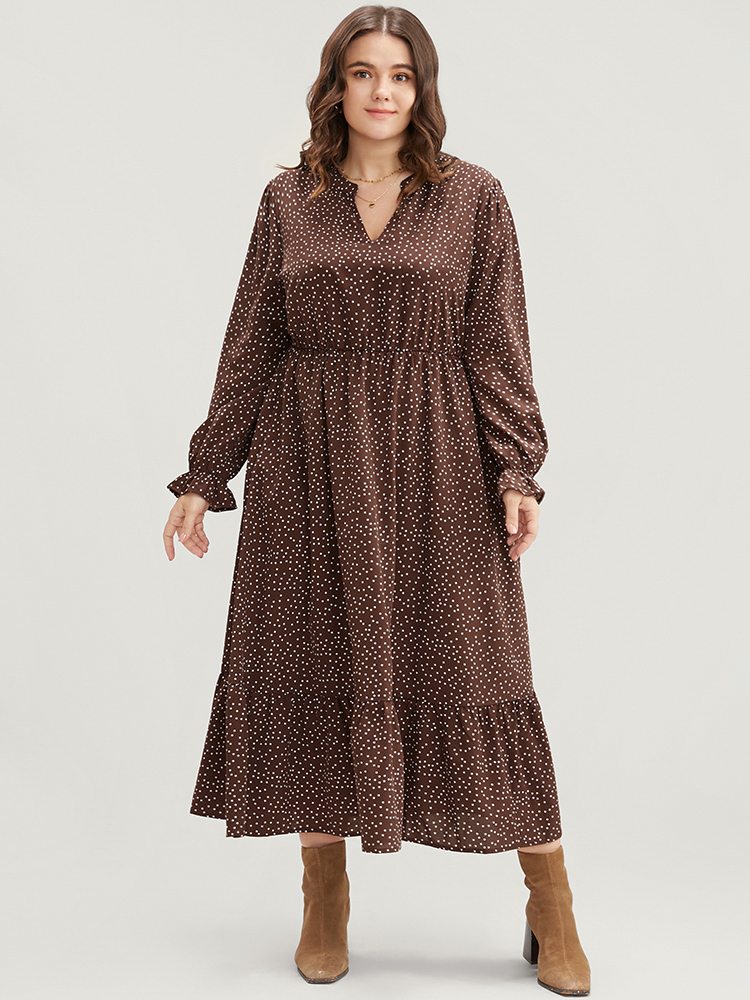 

Plus Size Polka Dot Pocket Lantern Sleeve Flutter Hem Dress DarkBrown Women Elegant Pocket V-neck Long Sleeve Curvy Midi Dress BloomChic