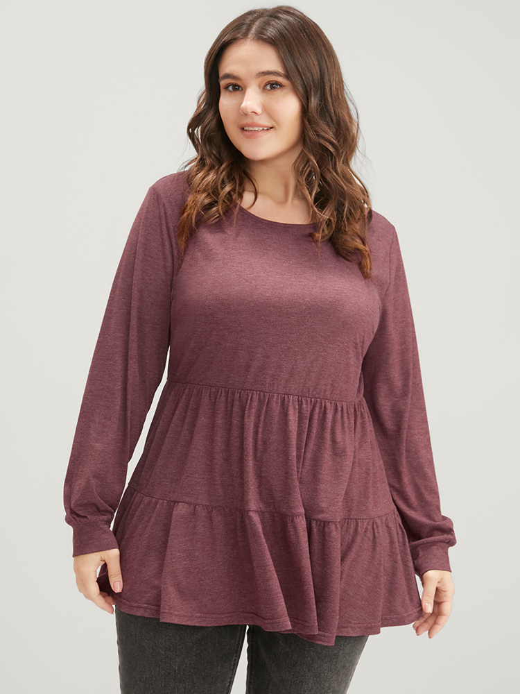 

Plus Size Solid Round Neck Ruffle Hem Long Tee Eggplant Round Neck Long Sleeve Elegant Jersey Tops