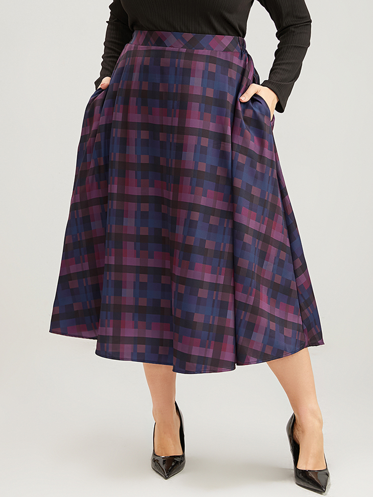 Plus Size Plaid Contrast Elastic Waist Pocket Skirt Women Multicolor Elegant Elastic Waist Loose No stretch Pocket Dailywear Skirts BloomChic 30/6X 