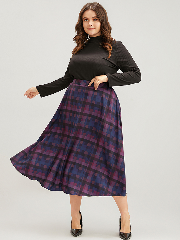 Plus Size Plaid Contrast Elastic Waist Pocket Skirt Women Multicolor Elegant Elastic Waist Loose No stretch Pocket Dailywear Skirts BloomChic 30/6X 