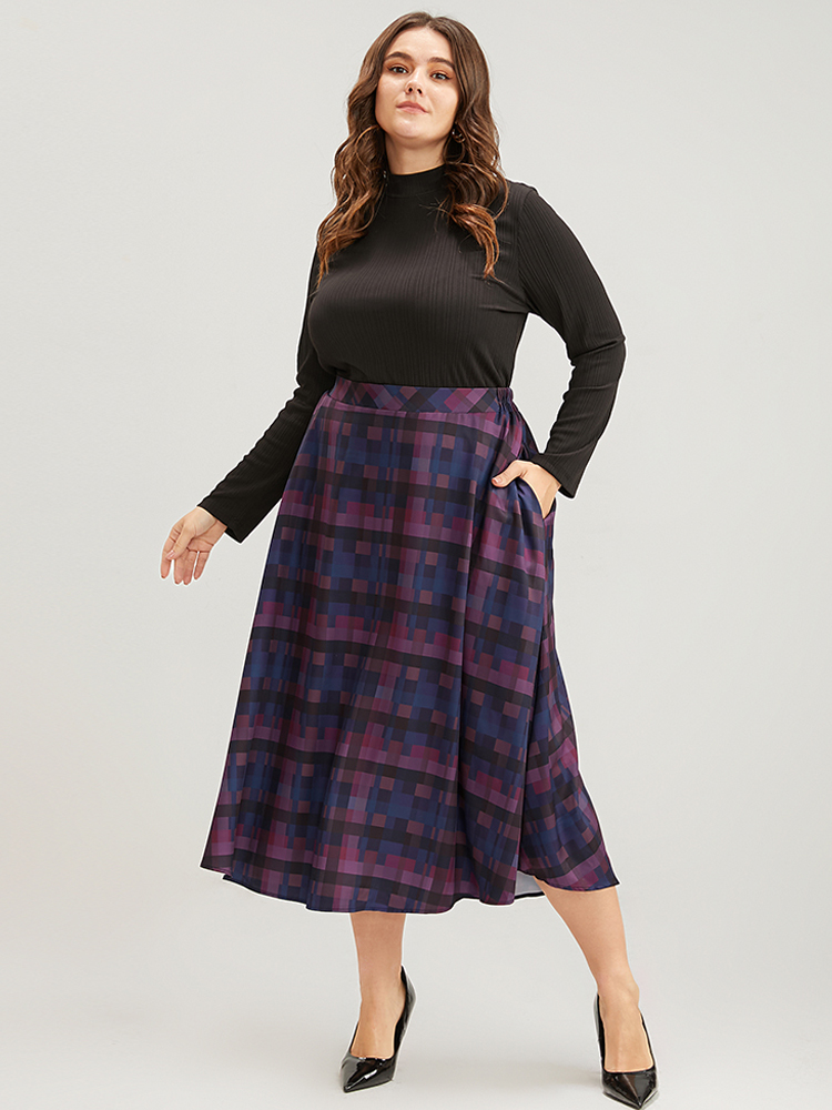 Plus Size Plaid Contrast Elastic Waist Pocket Skirt Women Multicolor Elegant Elastic Waist Loose No stretch Pocket Dailywear Skirts BloomChic 30/6X 