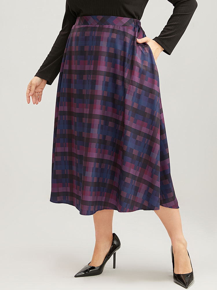 Plus Size Plaid Contrast Elastic Waist Pocket Skirt Women Multicolor Elegant Elastic Waist Loose No stretch Pocket Dailywear Skirts BloomChic 30/6X 