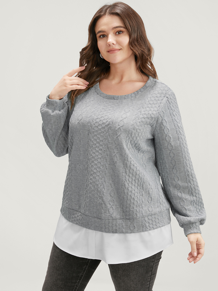 

Plus Size Solid Textured Round Neck 2-In-1 Sweatshirt Women Gray Casual Patchwork Round Neck Dailywear Sweatshirts BloomChic