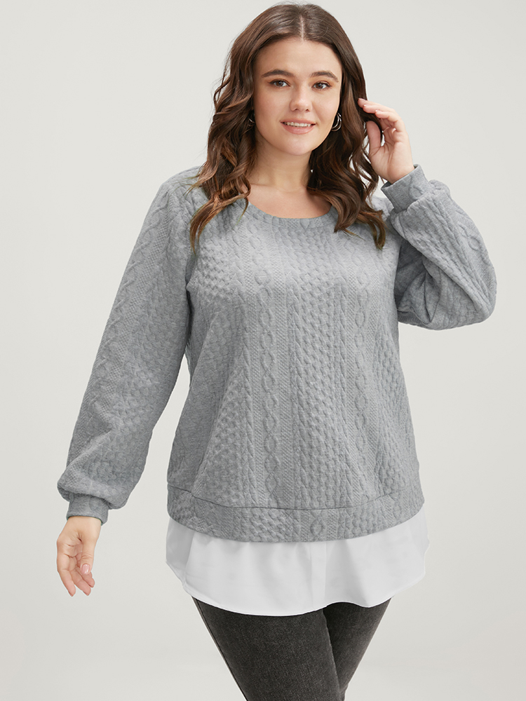 

Plus Size Solid Textured Round Neck 2-In-1 Sweatshirt Women Gray Casual Patchwork Round Neck Dailywear Sweatshirts BloomChic