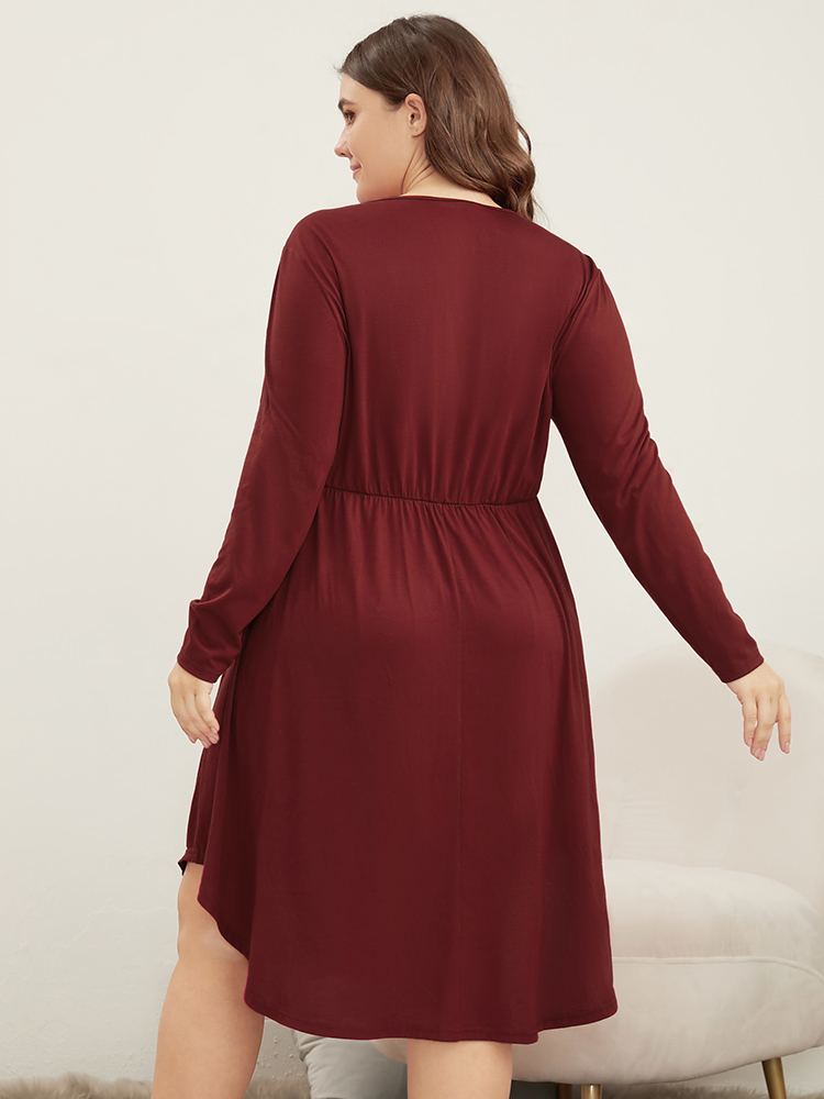 

Plus Size Solid Lace Pocket Arc Hem Sleep Dress Russet Long Sleeve V-neck Elegant Dailywear  Bloomchic