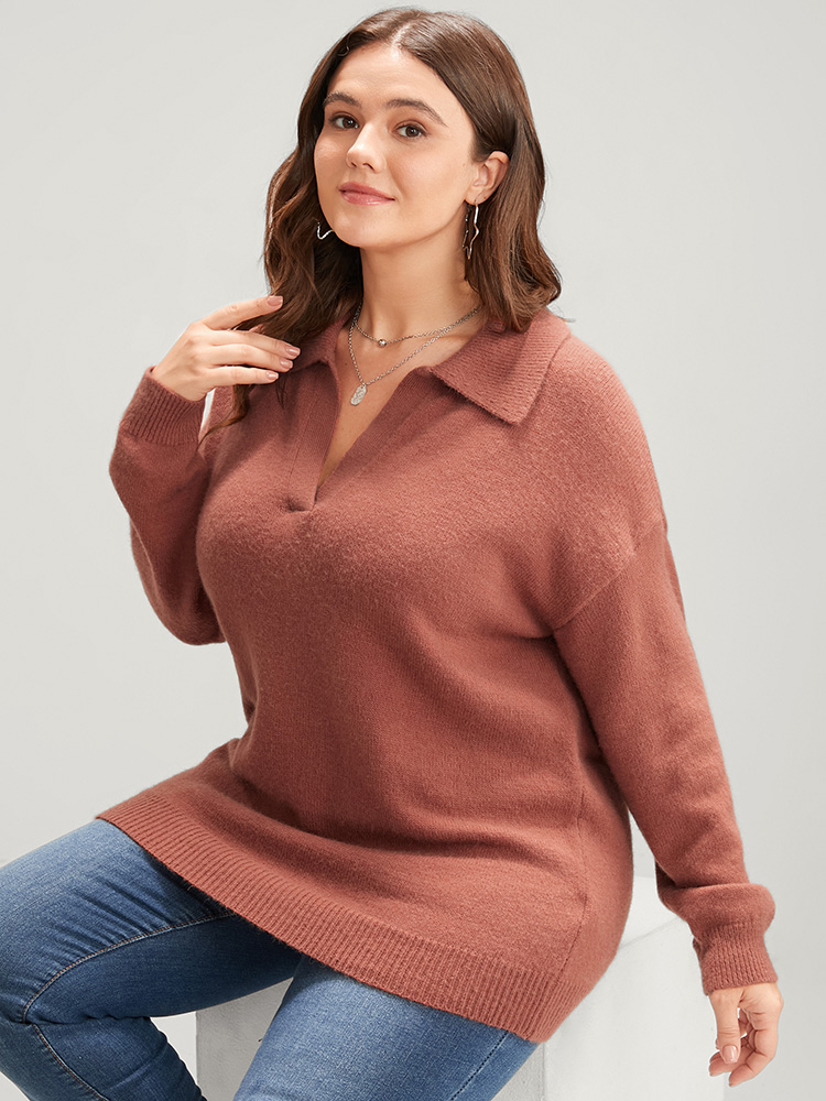 

Plus Size Solid Super Soft Knit Lapel Collar Fluffy Knit Top Russet Women Casual Loose Long Sleeve Lapel Collar Dailywear Pullovers BloomChic