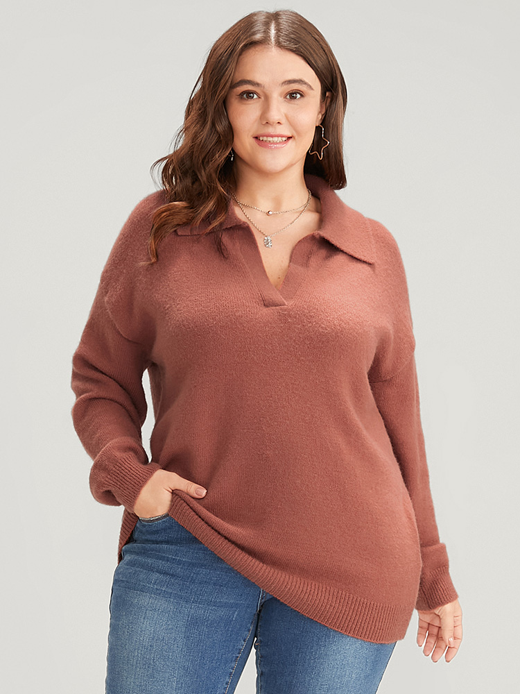 

Plus Size Solid Super Soft Knit Lapel Collar Fluffy Knit Top Russet Women Casual Loose Long Sleeve Lapel Collar Dailywear Pullovers BloomChic