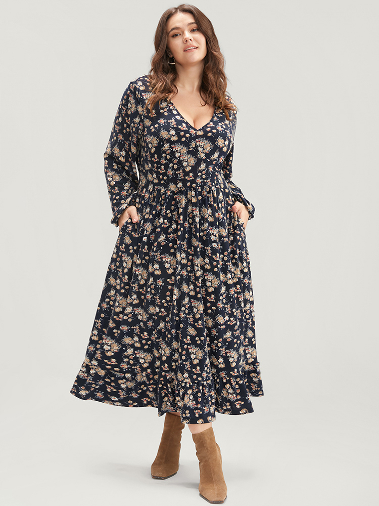 

Plus Size Ditsy Floral Pocket Lantern Sleeve Shirred Flutter Dress Indigo Women Elegant Elastic Waist V-neck Long Sleeve Curvy Midi Dress BloomChic