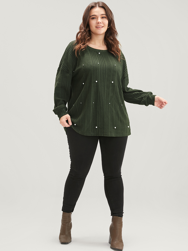Plus Size Solid Round Neck Pearls Beaded Rib Knit Sweatshirt Women DarkGreen Casual Beaded Round Neck Dailywear Sweatshirts BloomChic 22-24/3X 