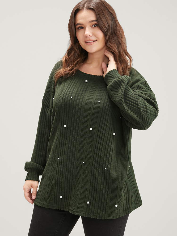 Plus Size Solid Round Neck Pearls Beaded Rib Knit Sweatshirt Women DarkGreen Casual Beaded Round Neck Dailywear Sweatshirts BloomChic 22-24/3X 