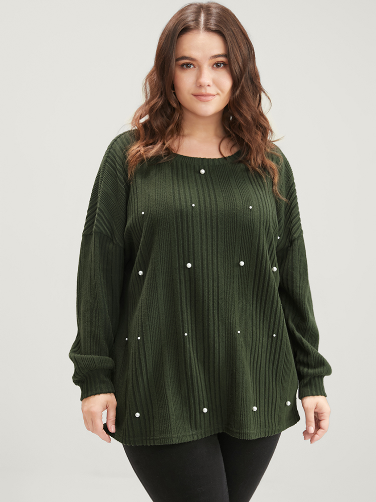 Plus Size Solid Round Neck Pearls Beaded Rib Knit Sweatshirt Women DarkGreen Casual Beaded Round Neck Dailywear Sweatshirts BloomChic 22-24/3X 