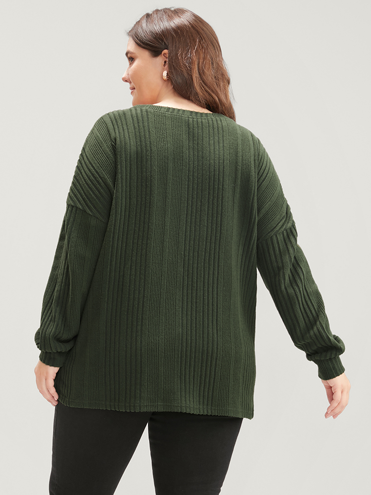 Plus Size Solid Round Neck Pearls Beaded Rib Knit Sweatshirt Women DarkGreen Casual Beaded Round Neck Dailywear Sweatshirts BloomChic 22-24/3X 