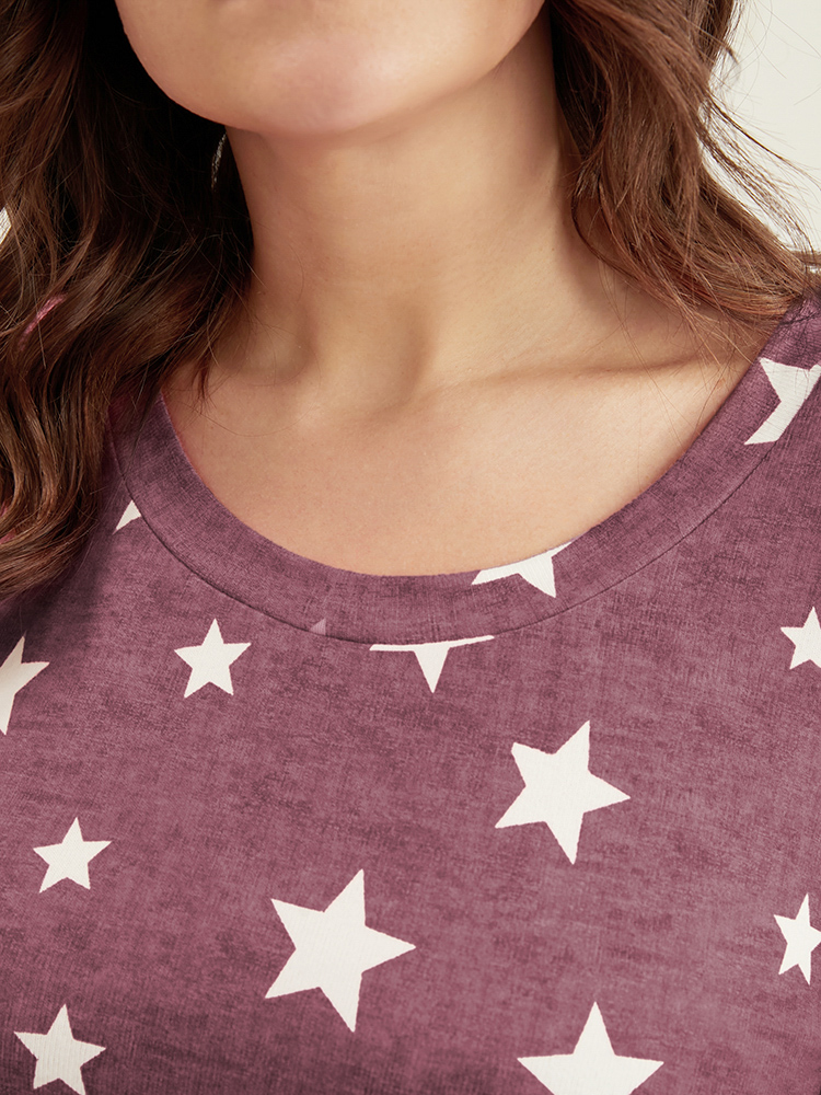 Plus Size Star Print Round Neck Sleep Top Women Russet Casual Moon and Star Round Neck Loungewear BloomChic 10/M 
