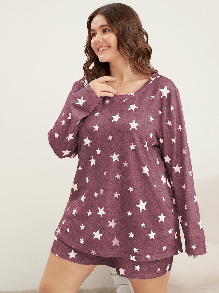 

Plus Size Star Print Round Neck Sleep Top Women Russet Casual Moon and Star Round Neck Loungewear BloomChic