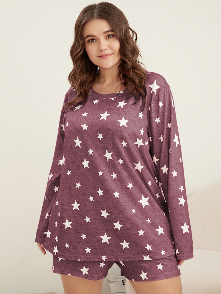 Plus Size Star Print Round Neck Sleep Top Women Russet Casual Moon and Star Round Neck Loungewear BloomChic 10/M 