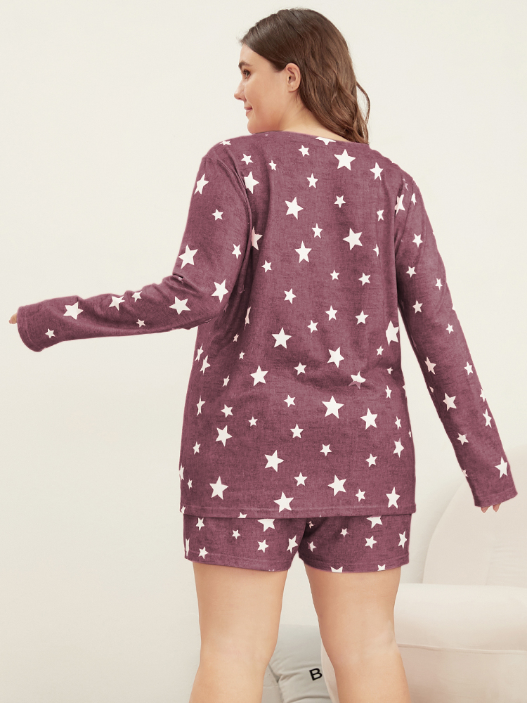 Plus Size Star Print Round Neck Sleep Top Women Russet Casual Moon and Star Round Neck Loungewear BloomChic 10/M 