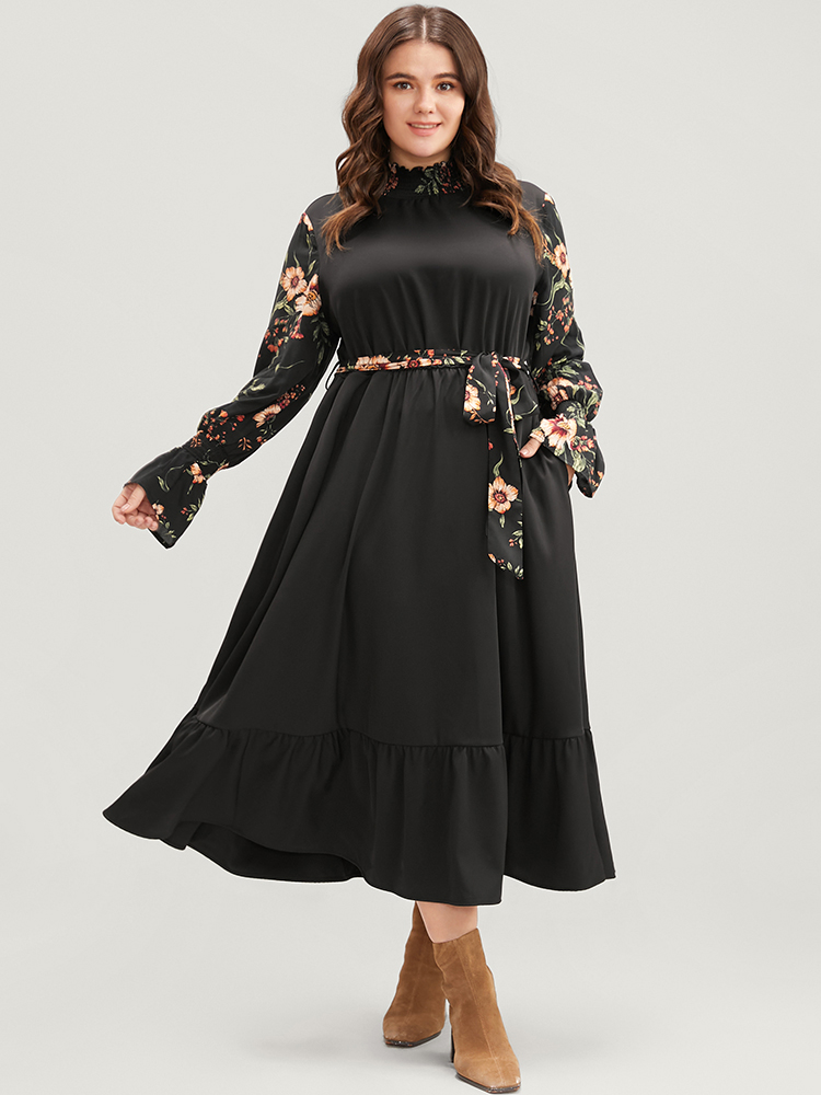 

Plus Size Floral Patchwork Lantern Sleeve Pocket Belted Shirred Mock Neck Dress Black Women Elegant Patchwork Mock Neck Long Sleeve Curvy Midi Dress BloomChic