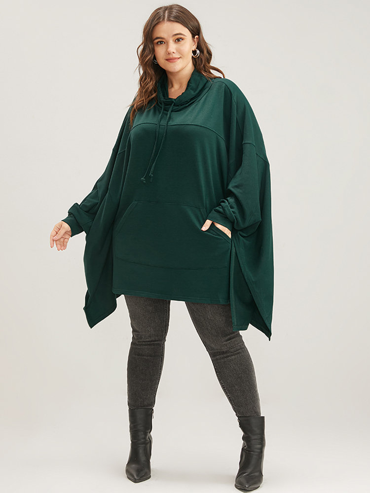 

Plus Size Solid Pocket Dolman Sleeve Drawstring Sweatshirt Women DarkGreen Casual Asymmetrical Turtleneck Dailywear Sweatshirts BloomChic