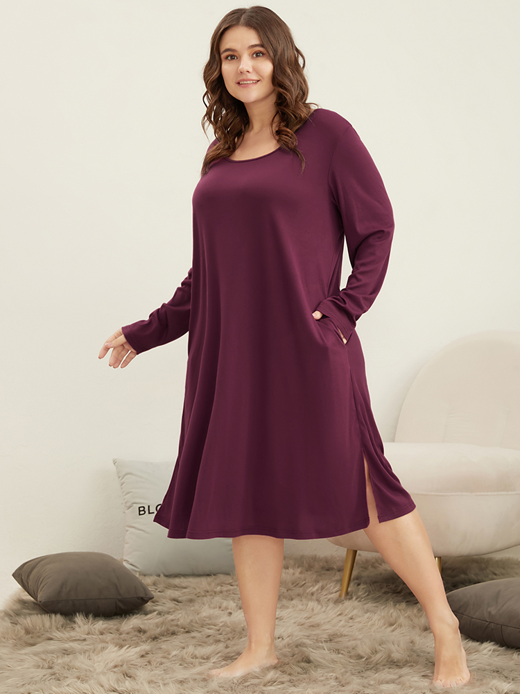

Plus Size Solid Butterfly Round Neck Pocket Split Hem Sleep Dress Purple Long Sleeve Round Neck Elegant Dailywear  Bloomchic