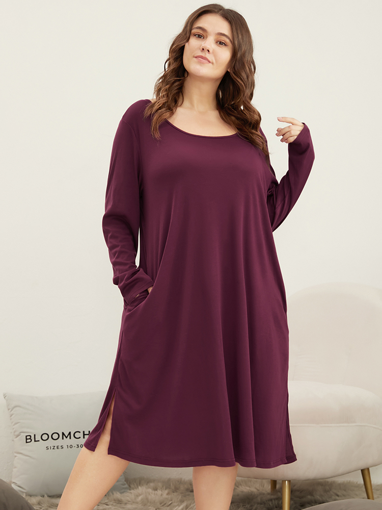 

Plus Size Solid Butterfly Round Neck Pocket Split Hem Sleep Dress Purple Long Sleeve Round Neck Elegant Dailywear  Bloomchic