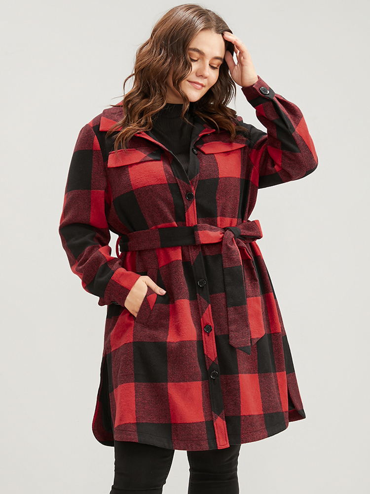 

Plus Size Plaid Pocket Button Up Belted Coat Women Red Elegant Cross straps Ladies Dailywear Winter Coats BloomChic