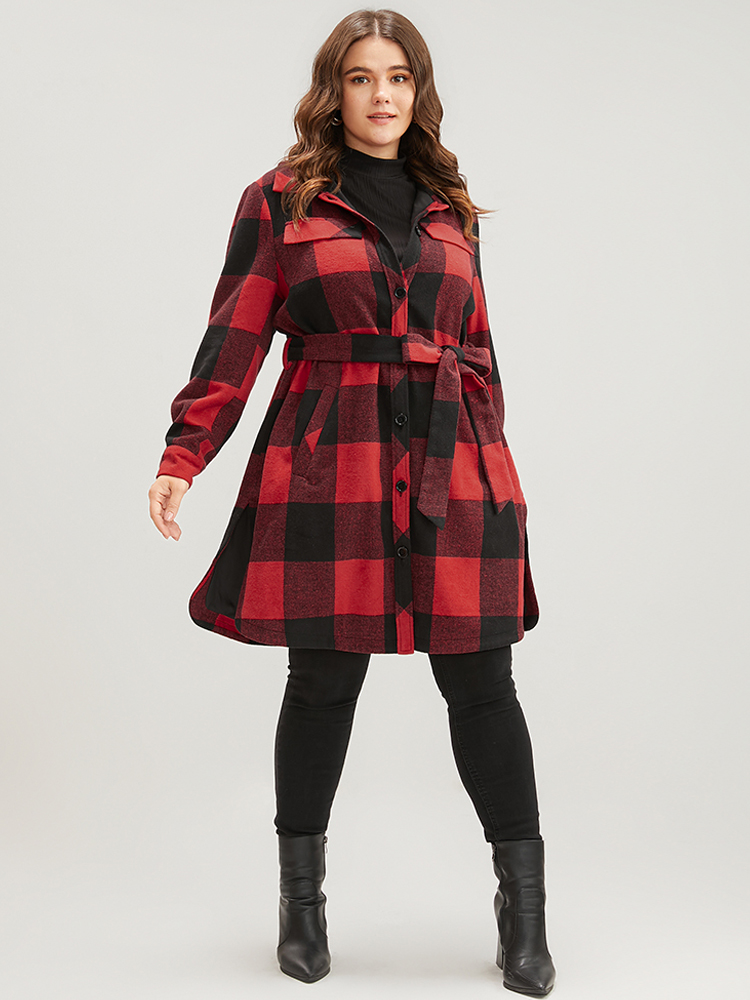 Plus Size Plaid Pocket Button Up Belted Coat Women Red Elegant Cross straps Ladies Dailywear Winter Coats BloomChic 26/4X 